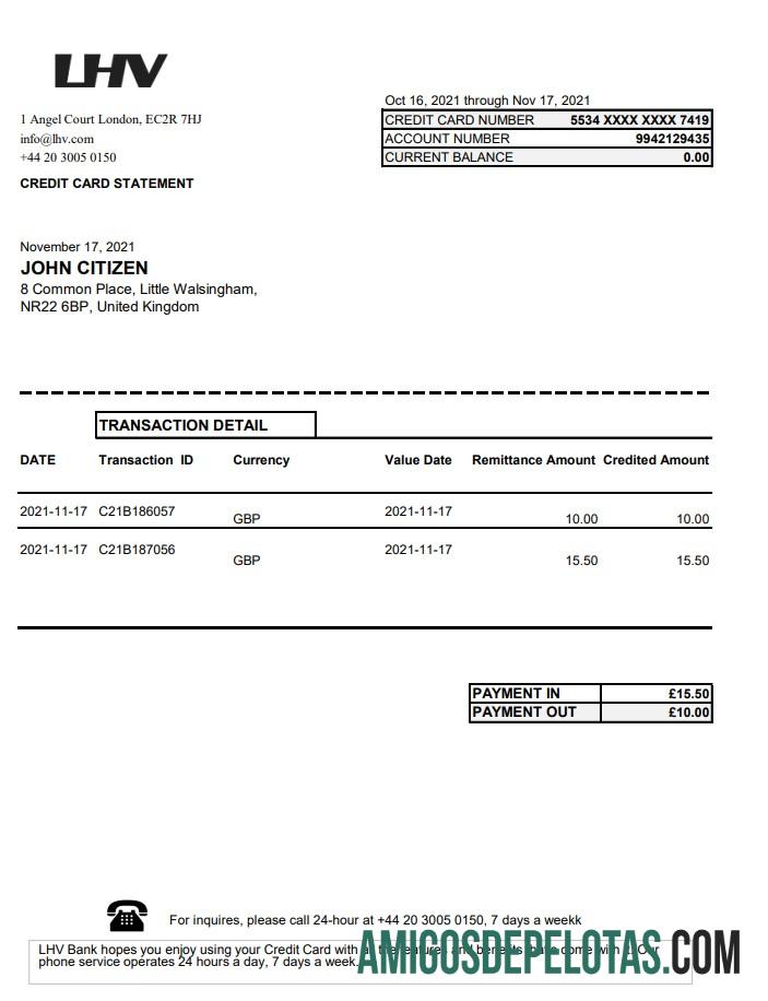Extrato bancário do Grupo LHV do Reino Unido em formato Excel e PDF amostra